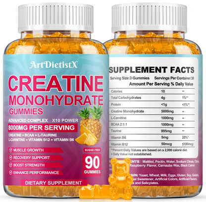 Creatine Monohydrate Gummies with BCAA & L-Carnitine – Pineapple Flavor, 180 Count