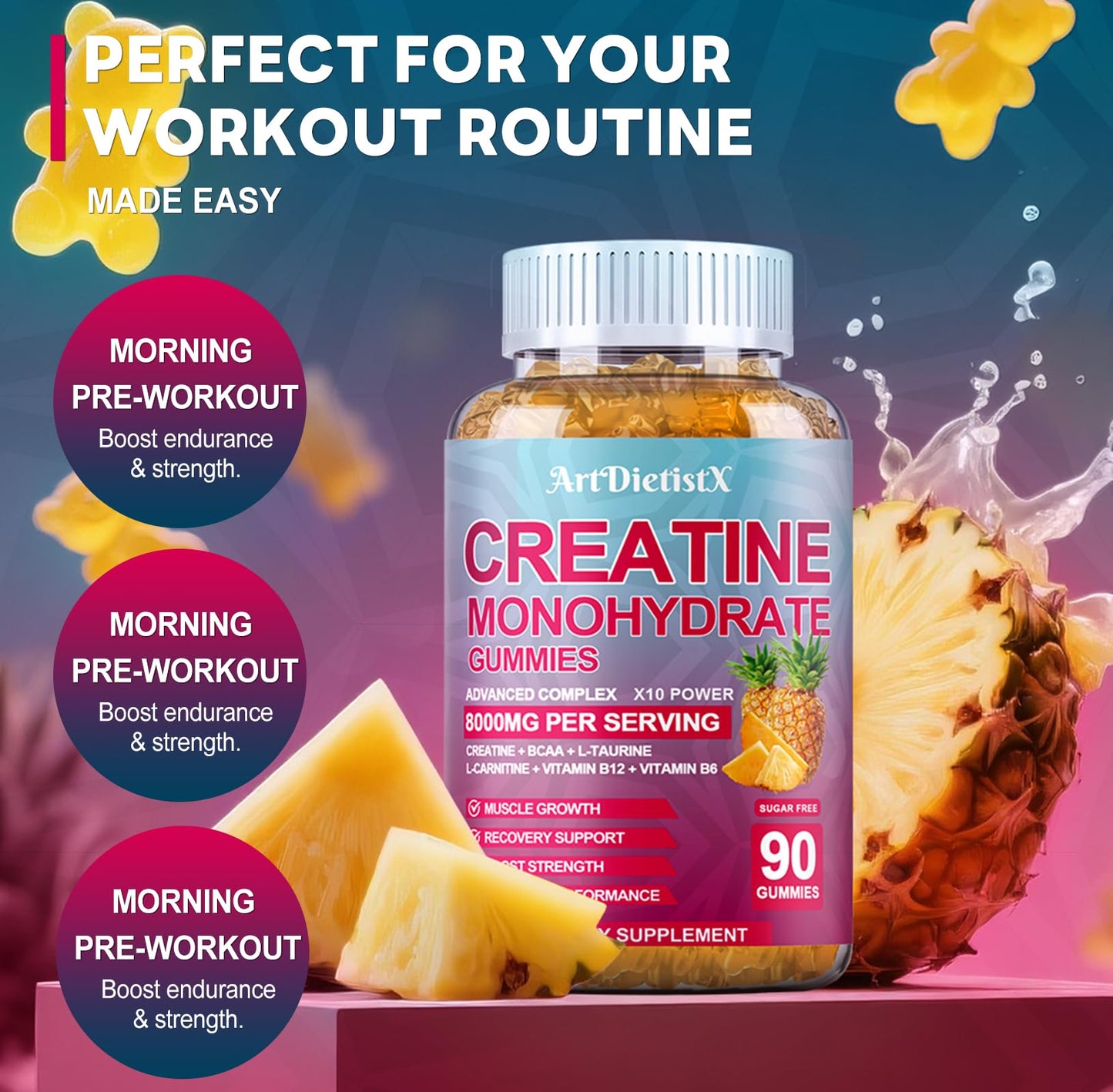 Creatine Monohydrate Gummies with BCAA & L-Carnitine – Pineapple Flavor, 180 Count
