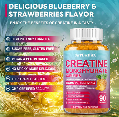Creatine Monohydrate Gummies with BCAA & L-Carnitine – Pineapple Flavor, 180 Count