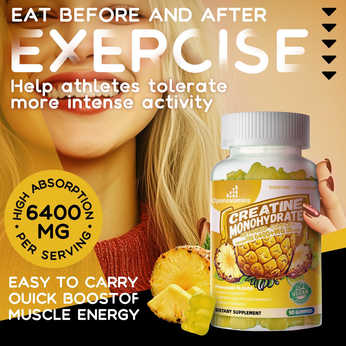 Creatine Monohydrate Gummies Complex – 6400mg per Serving, L-Taurine & Vitamin B12, Sugar Free Pineapple 90 Gummies