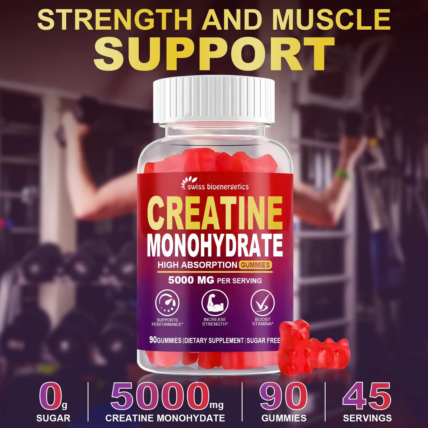 Creatine Monohydrate Gummies - 5g per 2 Gummies, 180 Count, Raspberry