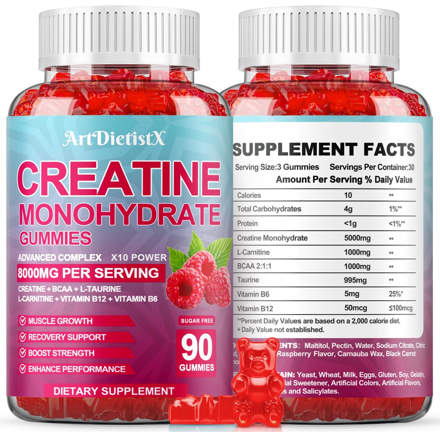 Creatine Monohydrate Gummies 8000mg – BCAA, L-Carnitine & B12 – Raspberry Pre-Workout (180 Count)