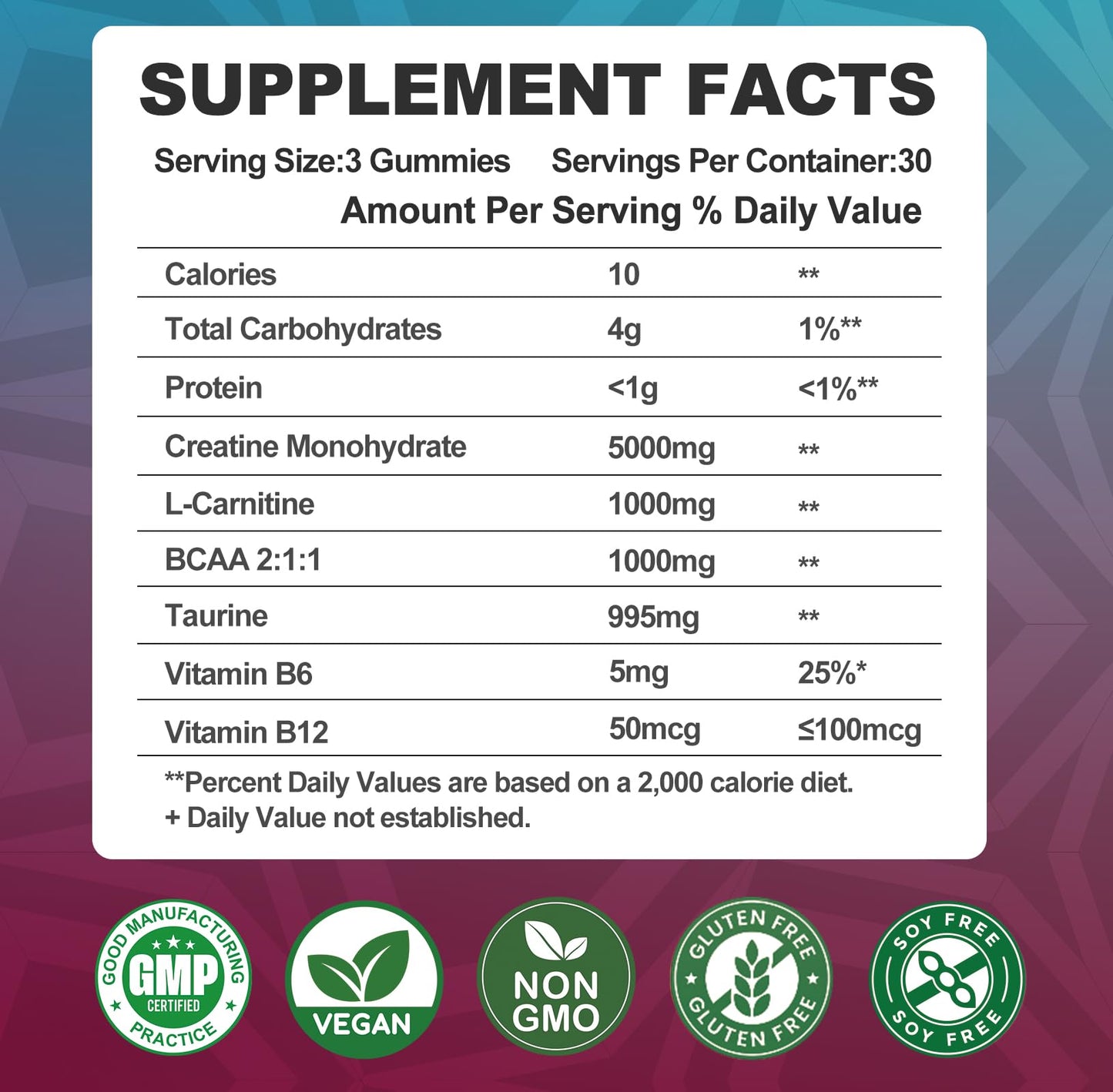 Creatine Monohydrate Gummies 8000mg – BCAA, L-Carnitine & B12 – Raspberry Pre-Workout (180 Count)