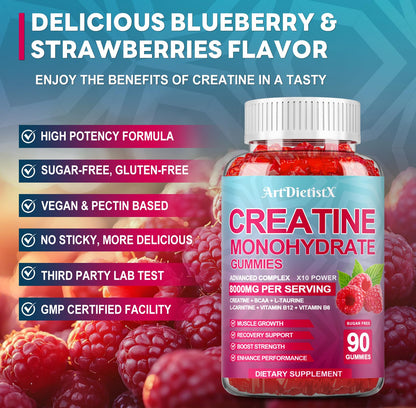 Creatine Monohydrate Gummies 8000mg – BCAA, L-Carnitine & B12 – Raspberry Pre-Workout (180 Count)