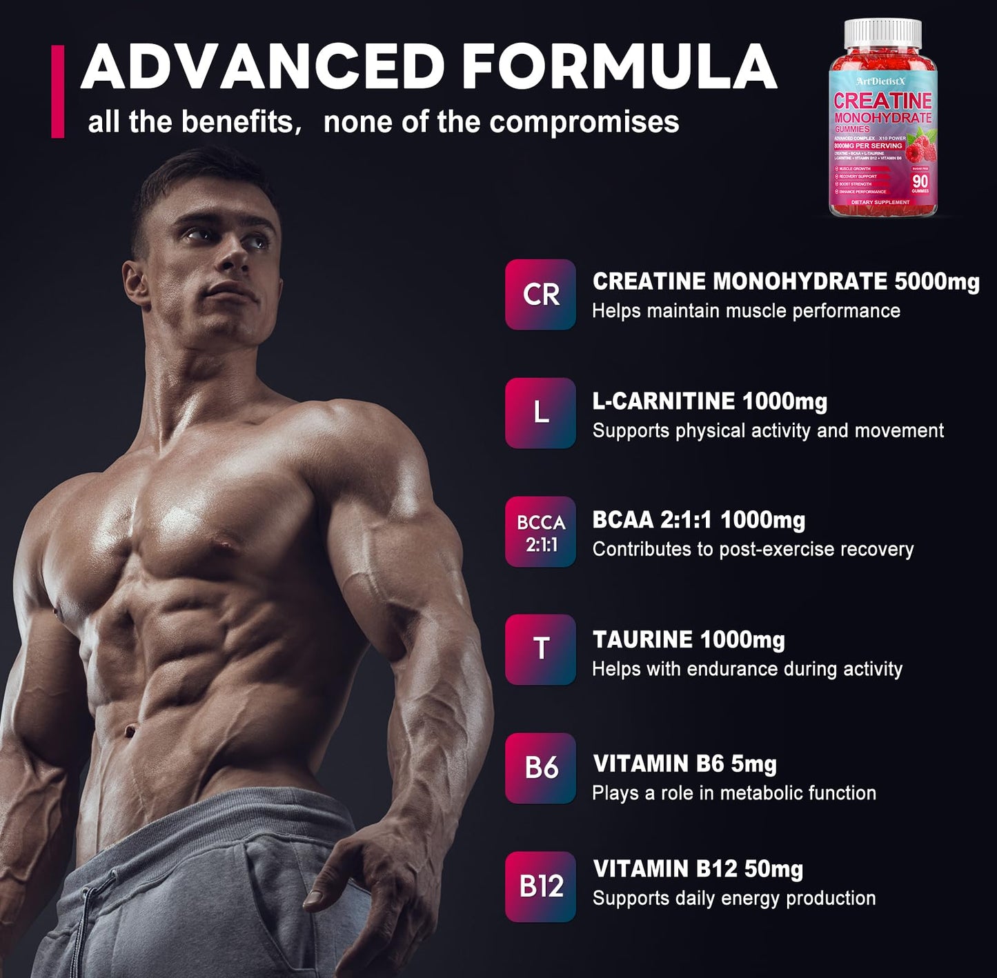 Creatine Monohydrate Gummies 8000mg – BCAA, L-Carnitine & B12 – Raspberry Pre-Workout (180 Count)