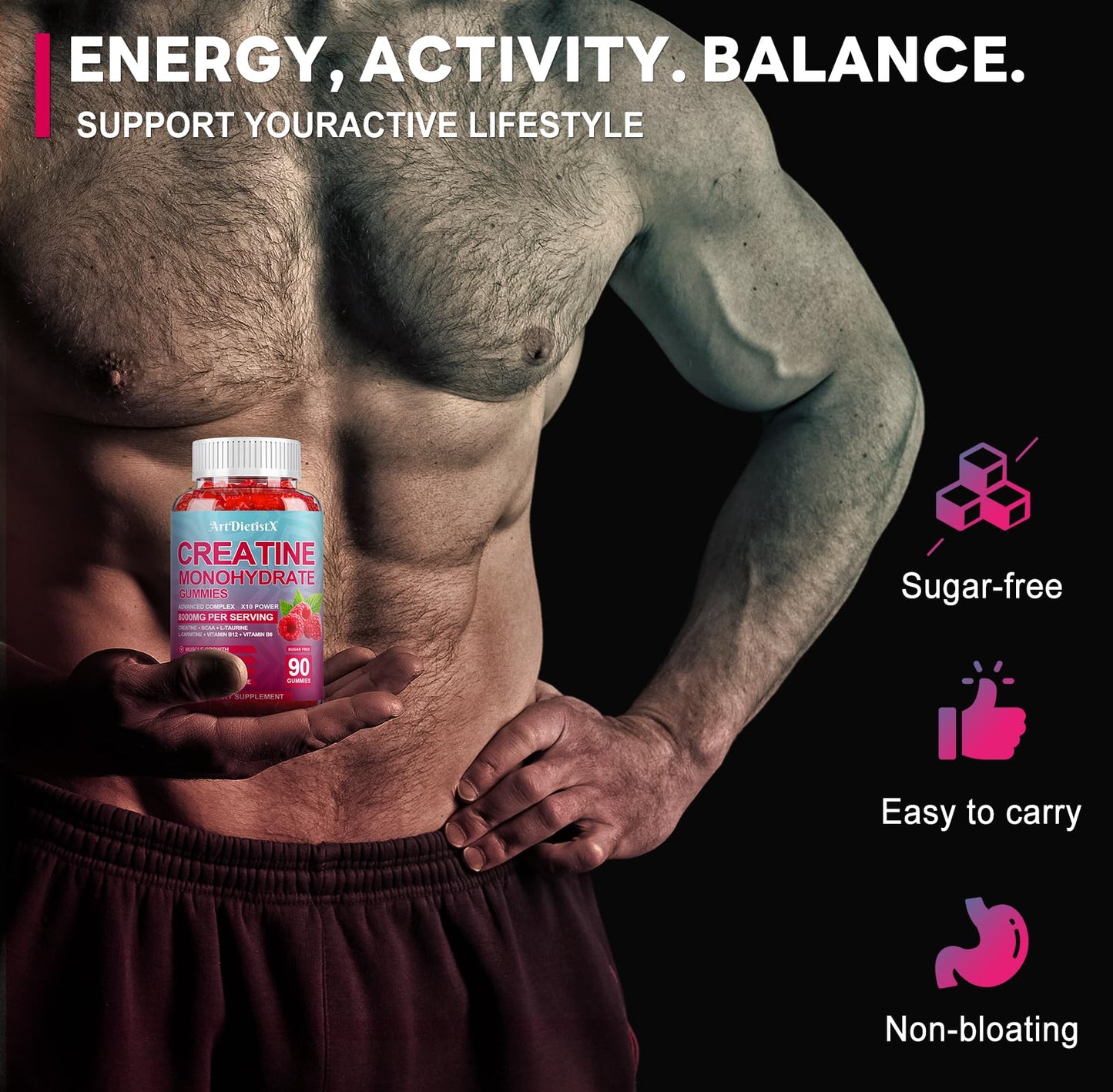 Creatine Monohydrate Gummies 8000mg – BCAA, L-Carnitine & B12 – Raspberry Pre-Workout (180 Count)