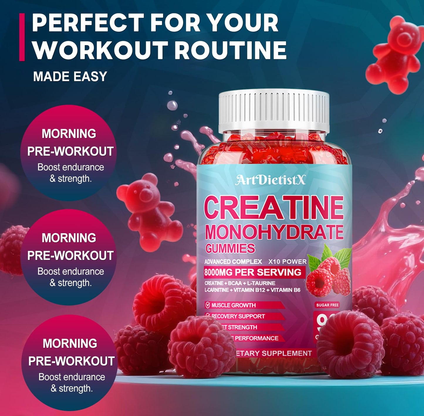Creatine Monohydrate Gummies 8000mg – BCAA, L-Carnitine & B12 – Raspberry Pre-Workout (180 Count)