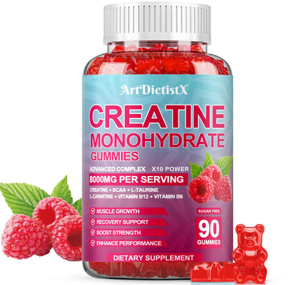 Creatine Monohydrate Gummies 8000mg with BCAA, L-Carnitine, Taurine & Vitamin B12 – Raspberry Flavor, 90 Count