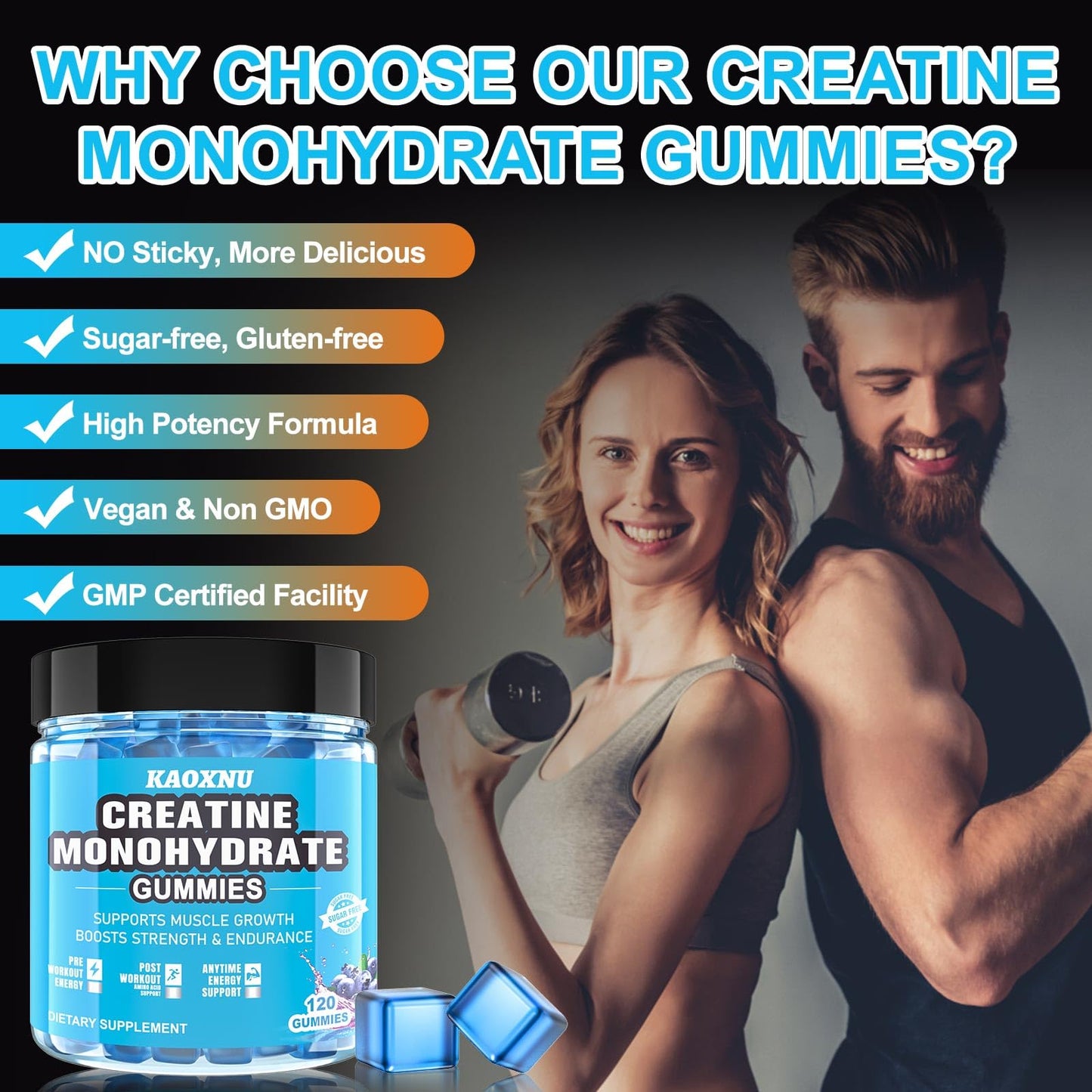 Creatine Monohydrate Gummies 5600mg – 120 CT, Sugar Free, Blueberry Flavor, For Men & Women