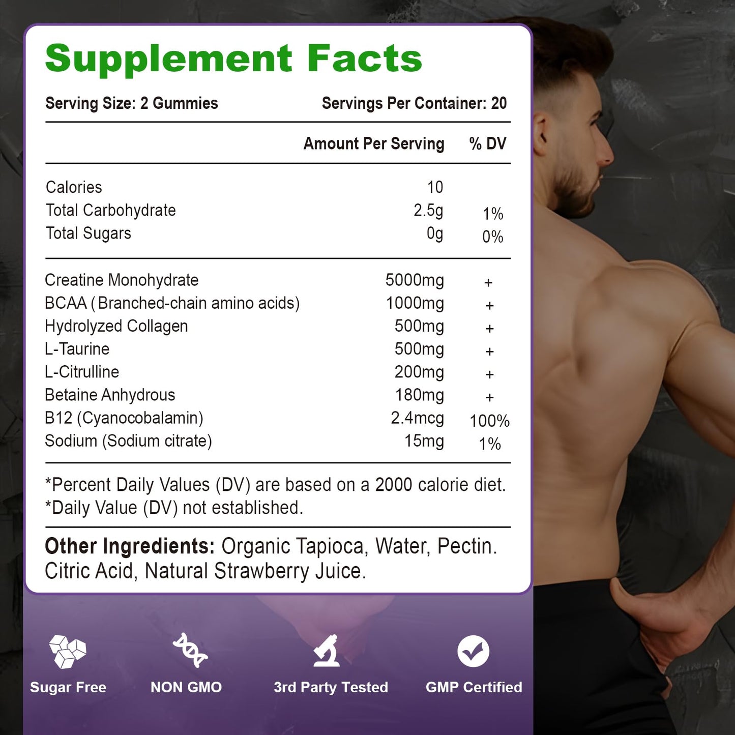 Creatine Monohydrate Gummies – Sugar Free Vegan, Strawberry, 60 Count