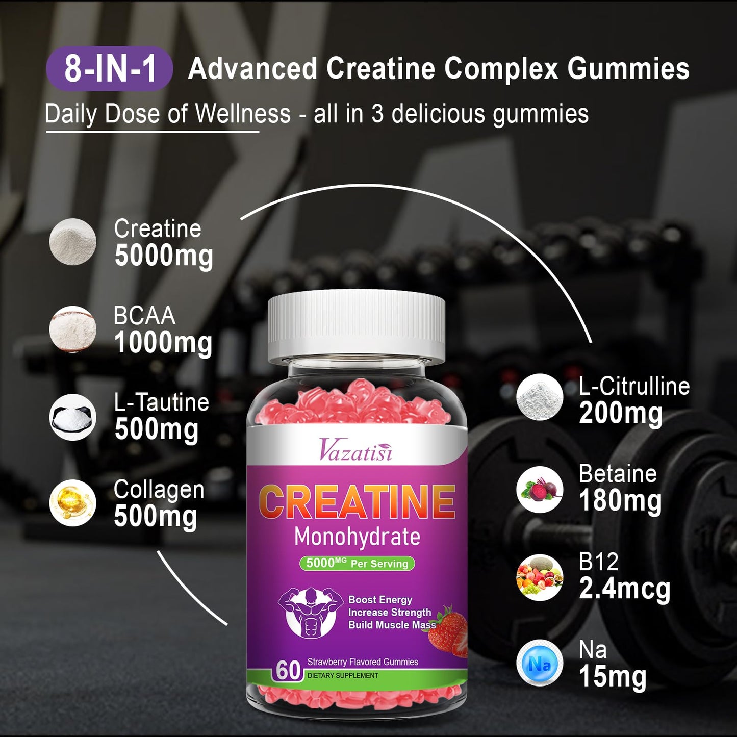 Creatine Monohydrate Gummies – Sugar Free Vegan, Strawberry, 60 Count