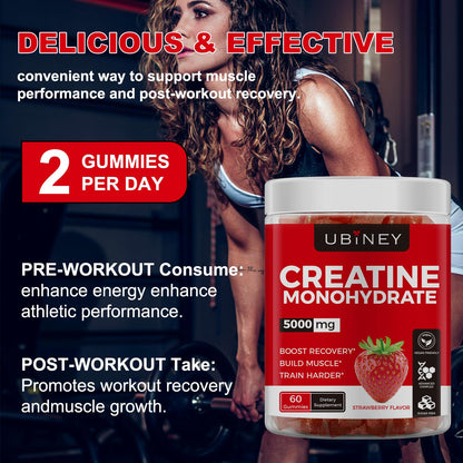 Creatine Monohydrate Gummies 5000mg – Sugar-Free, Vegan, Gluten-Free, Strawberry (60 Count)