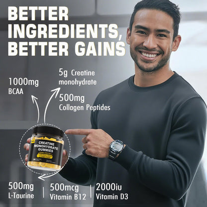 Creatine Monohydrate Gummies 5g per Serving - Sugar Free, Lemon Flavor | BCAA, Collagen, B12, D3 | 2 Pack