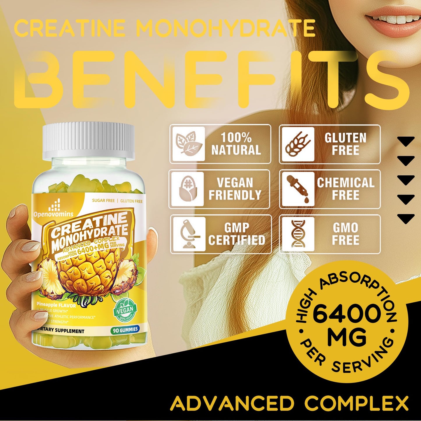 Creatine Monohydrate Gummies Complex – 6400mg per Serving, L-Taurine & Vitamin B12, Sugar Free Pineapple 90 Gummies