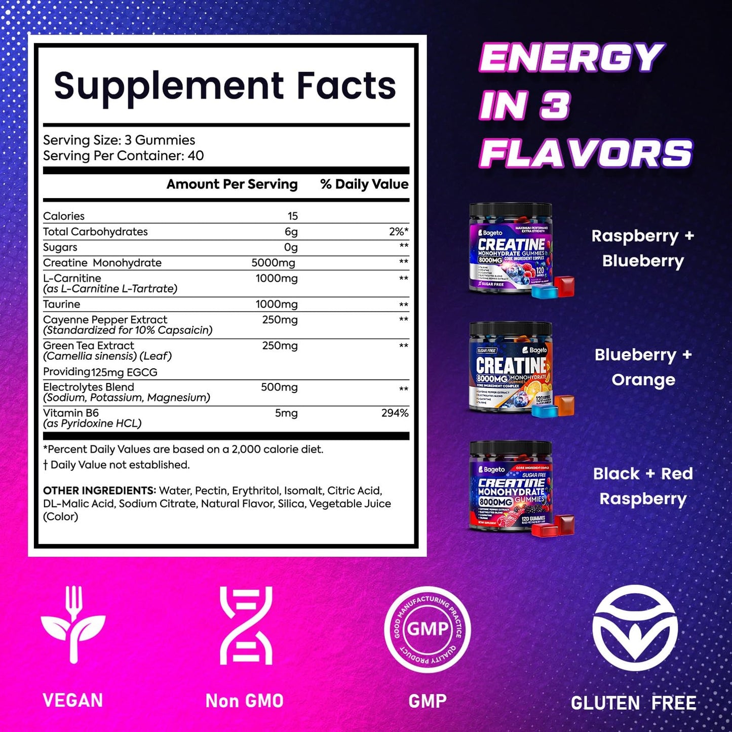 Creatine Monohydrate Gummies Complex 8000mg – 120ct | Men & Women, Pre-Workout