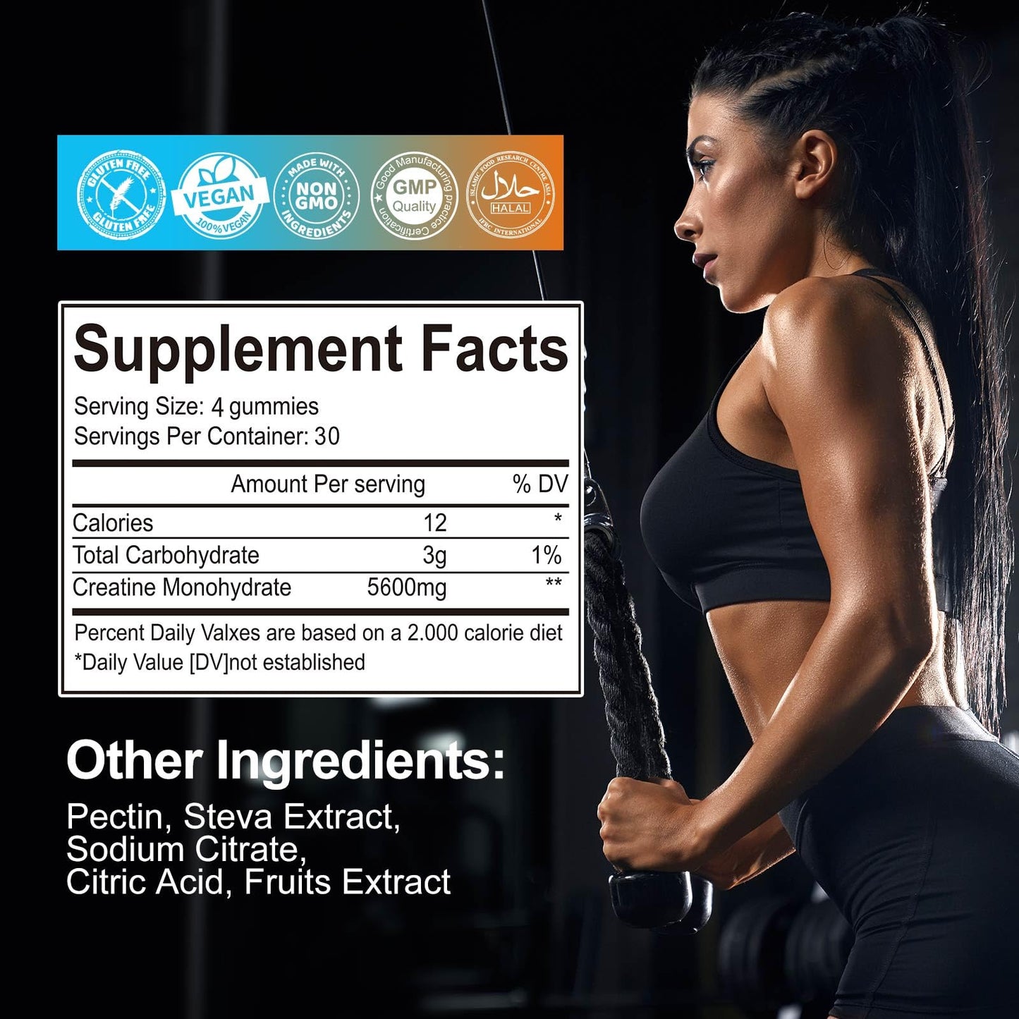Creatine Monohydrate Gummies 5600mg – 120 CT, Sugar Free, Blueberry Flavor, For Men & Women