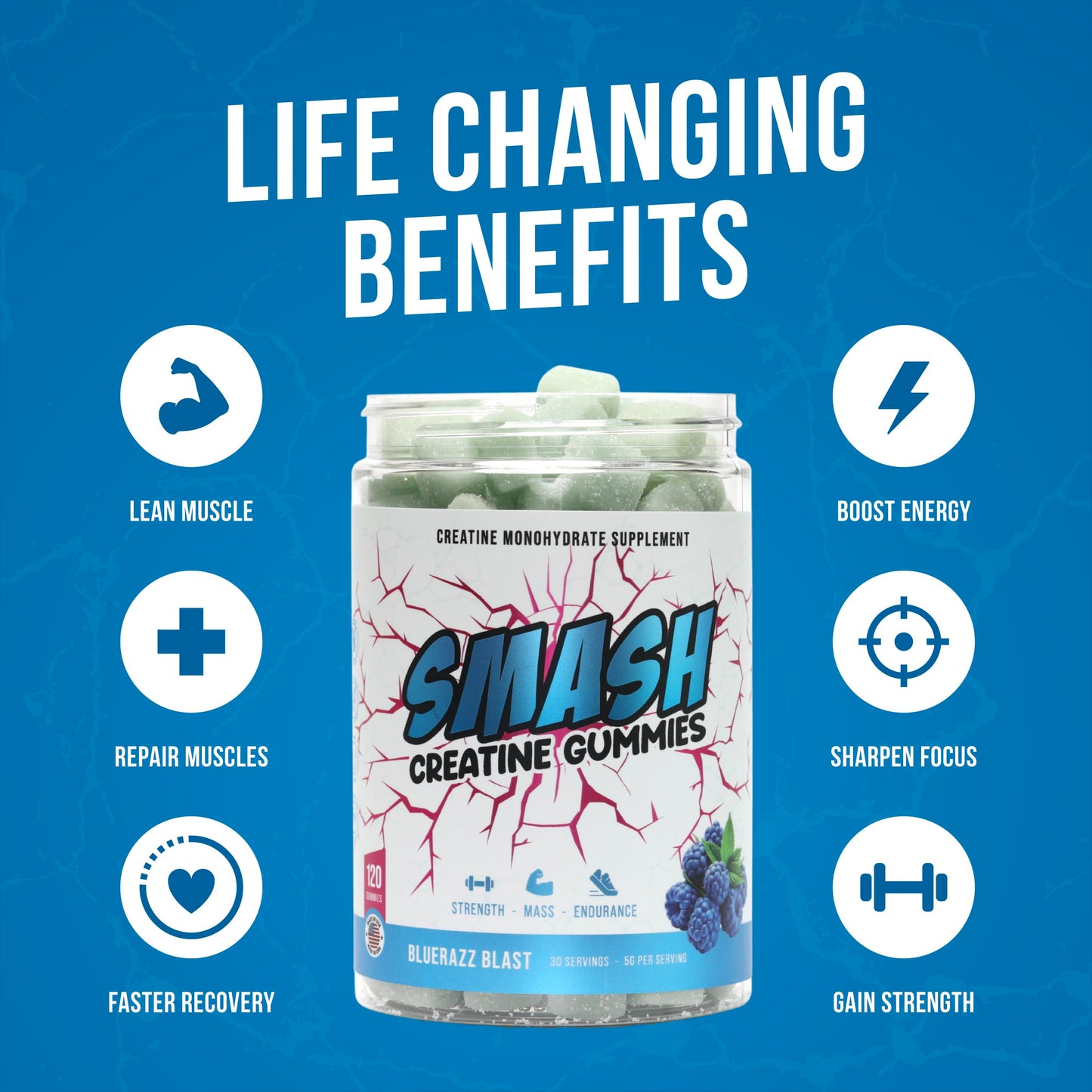 Creatine Monohydrate Gummies 5g Dose – Made in USA, Vegan, Gluten Free | Bluerazz Blast 120 Gummies
