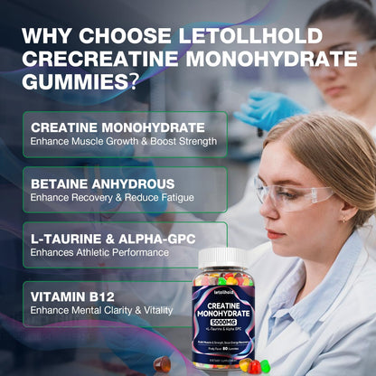 Creatine Monohydrate Gummies 5g for Women & Men – Sugar-Free Vegan, 160 Count