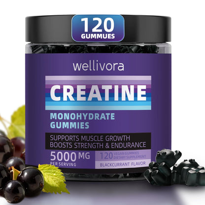 Creatine Monohydrate Gummy – 5000mg/Serving, 120 Gummies, Blackcurrant