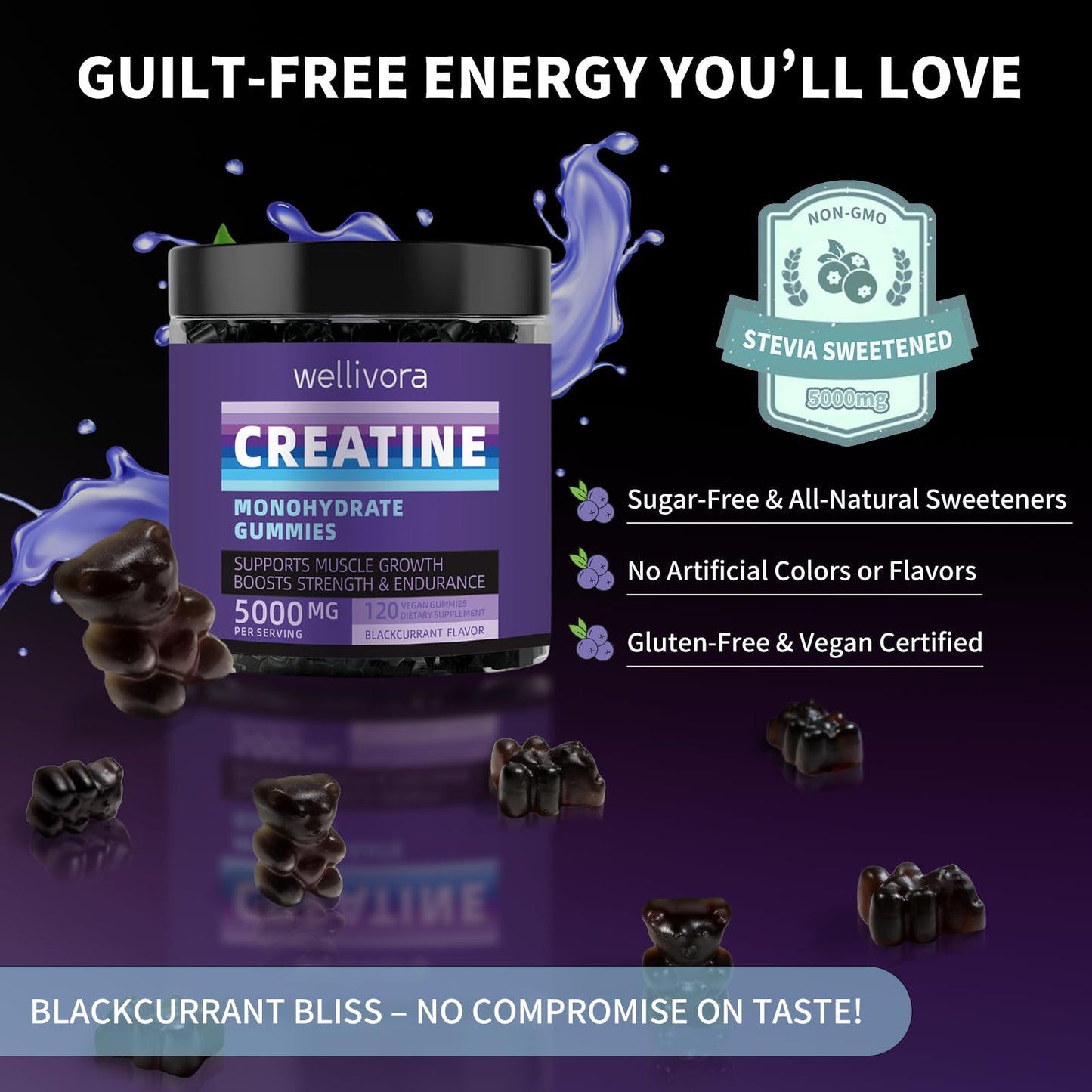 Creatine Monohydrate Gummy – 5000mg/Serving, 120 Gummies, Blackcurrant