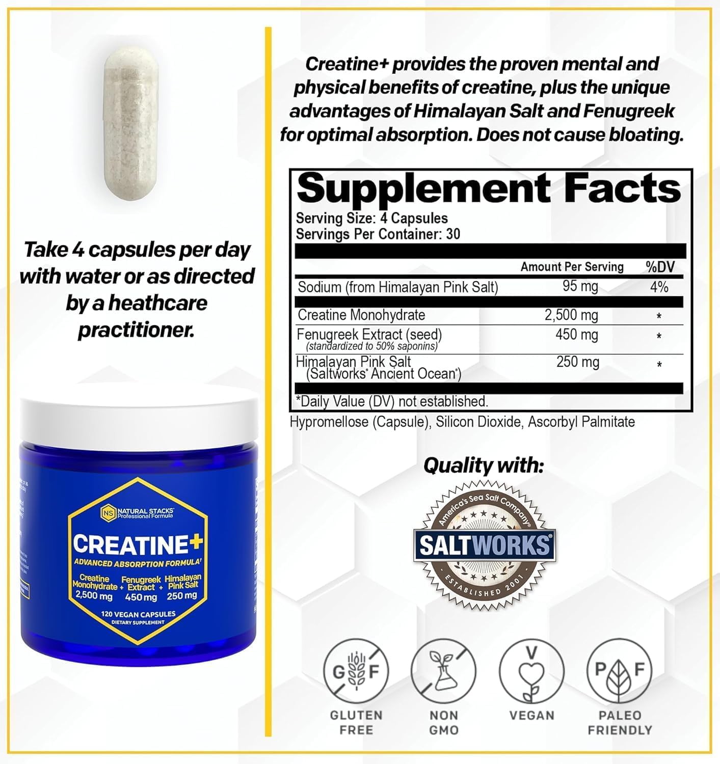 Creatine Monohydrate Pills – 2500mg, Fenugreek 450mg & Himalayan Salt 250mg – 120 Caps