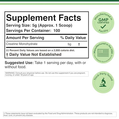 Creatine Monohydrate Powder 1.1lbs (100 Servings) – No Fillers, Vegan, Non-GMO, Gluten Free | Double Wood