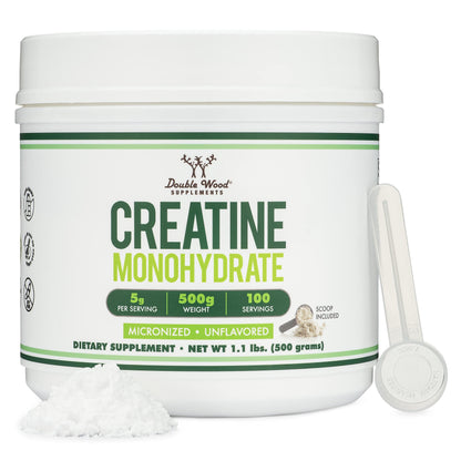 Creatine Monohydrate Powder 1.1lbs (100 Servings) – No Fillers, Vegan, Non-GMO, Gluten Free | Double Wood