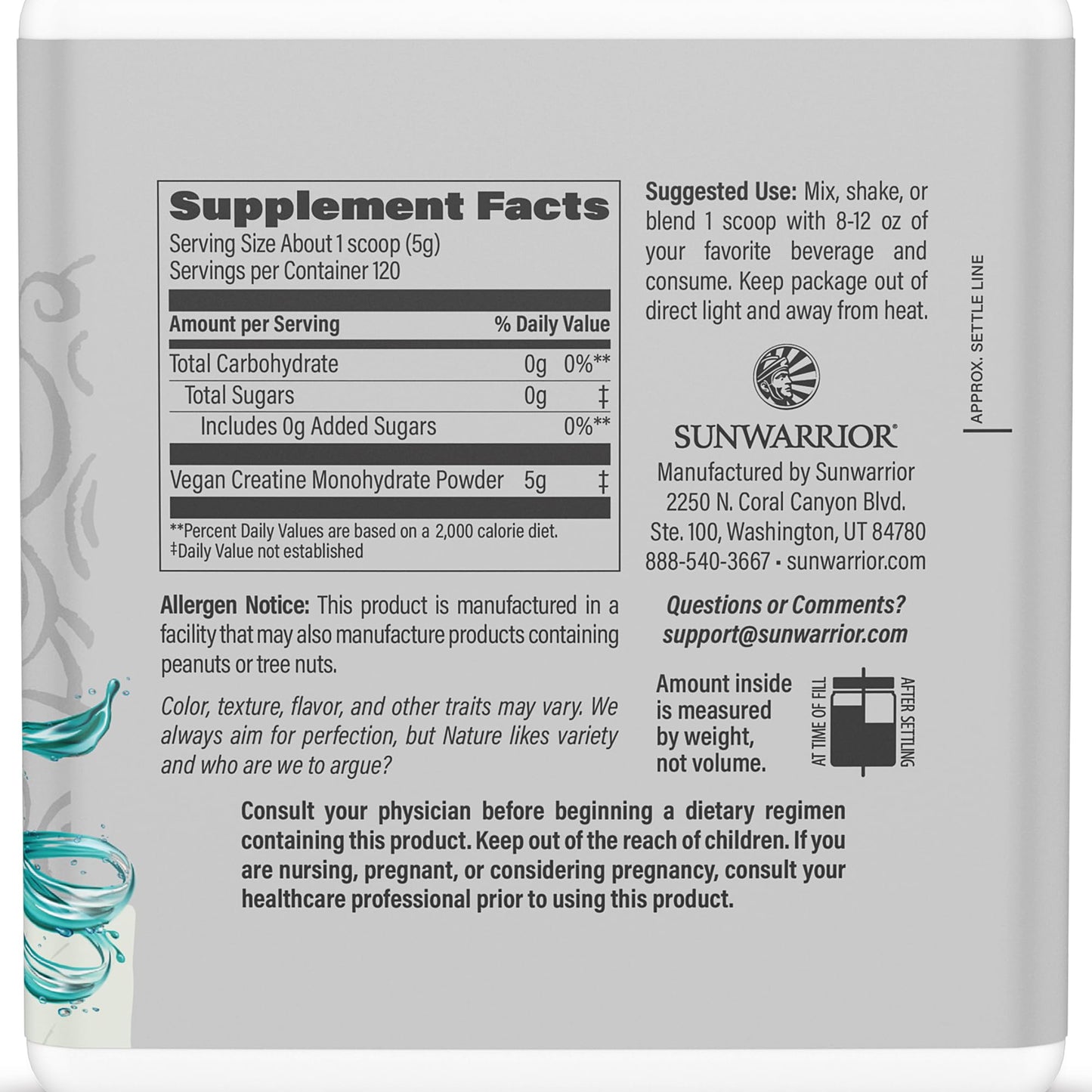 Sunwarrior Creatine Monohydrate Powder – Unflavored, 120 Servings | Vegan & Keto