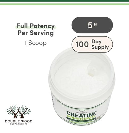 Creatine Monohydrate Powder 1.1lbs (100 Servings) – No Fillers, Vegan, Non-GMO, Gluten Free | Double Wood