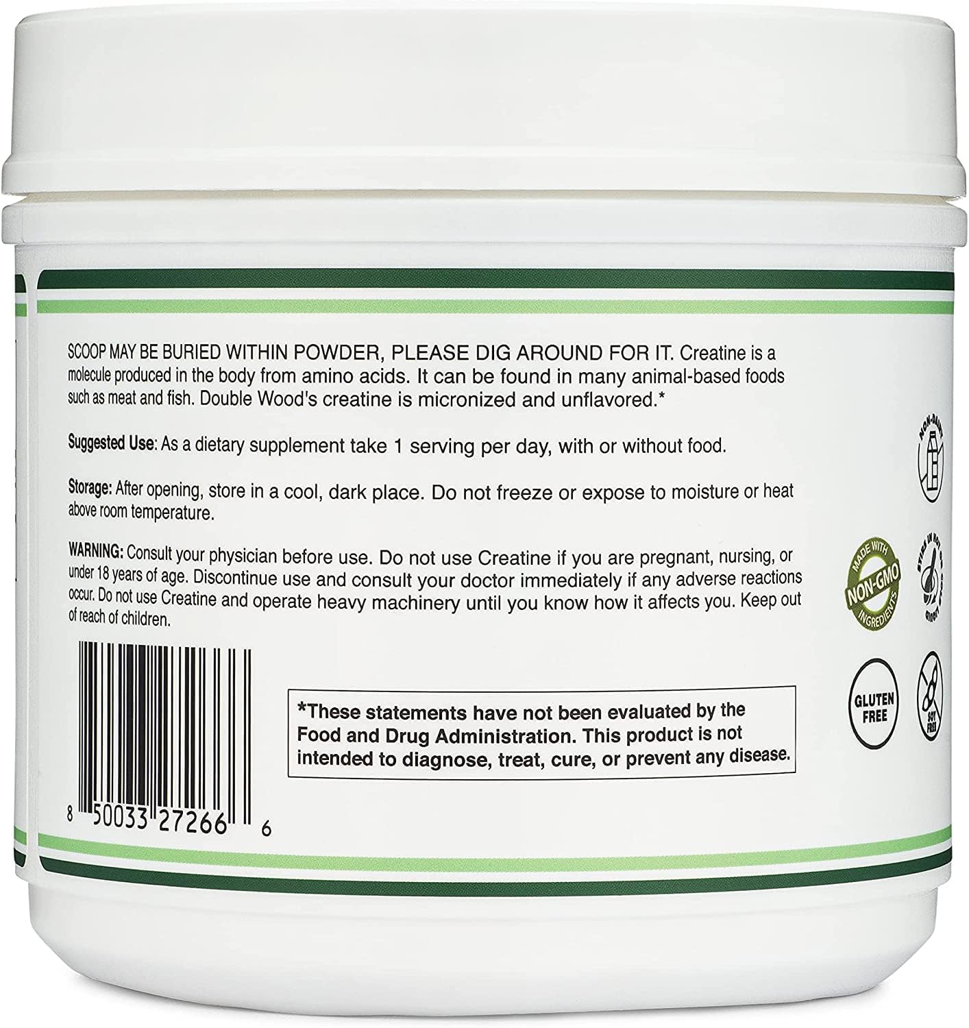 Creatine Monohydrate Powder 1.1lbs (100 Servings) – No Fillers, Vegan, Non-GMO, Gluten Free | Double Wood