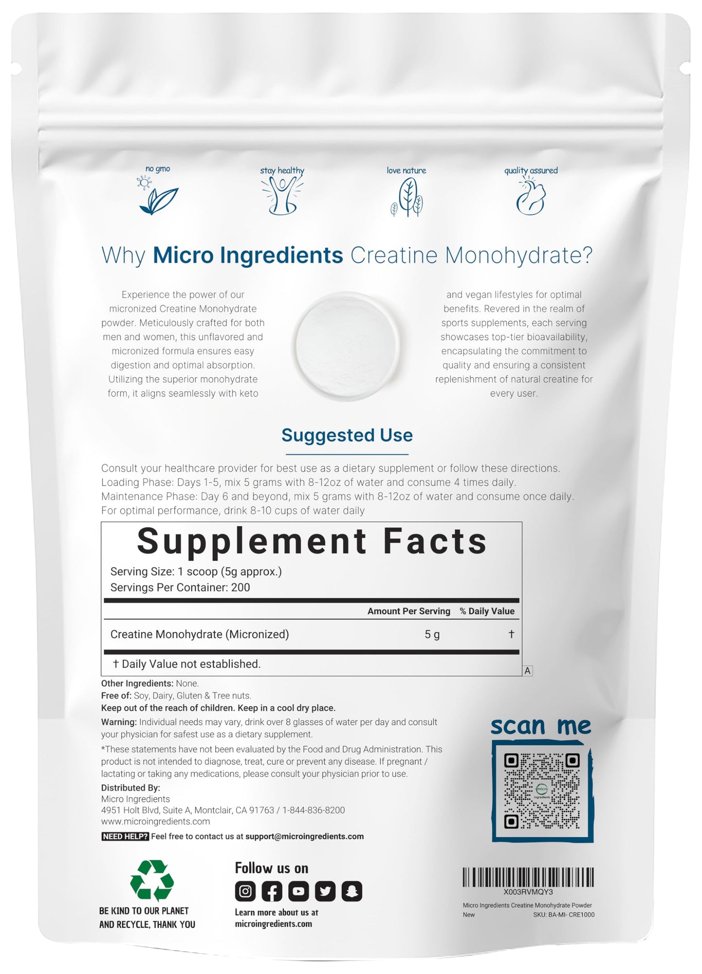 Instant Creatine Monohydrate Powder 1 kg – 5000 mg/serving, Unflavored, Pure