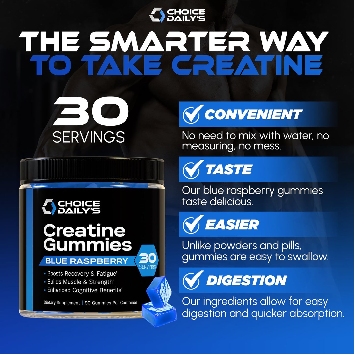 CHOICE DAILY’S Creatine Gummies - 90 Vegan Friendly Chews (Blue Raspberry) - USA Made - Muscle, Recovery & Cognitive Support