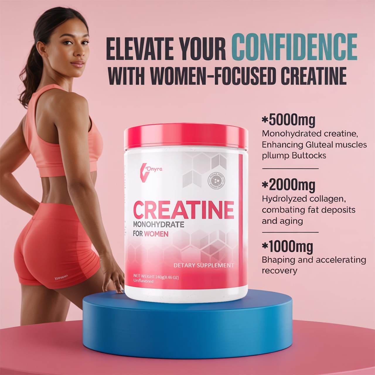 Creatine Monohydrate Powder for Women – 5000mg Creatine, 2000mg Collagen & 1g BCAA | 30 Servings