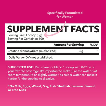 Creatine for Women - 3g Micronized Creatine Monohydrate per Serving | Unflavored, Vegan, Non-GMO | 100 Servings