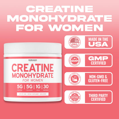 Creatine for Women | Creatine Monohydrate Powder with Collagen & BCAA – 30 Servings | Non-GMO, Gluten Free, USA Made