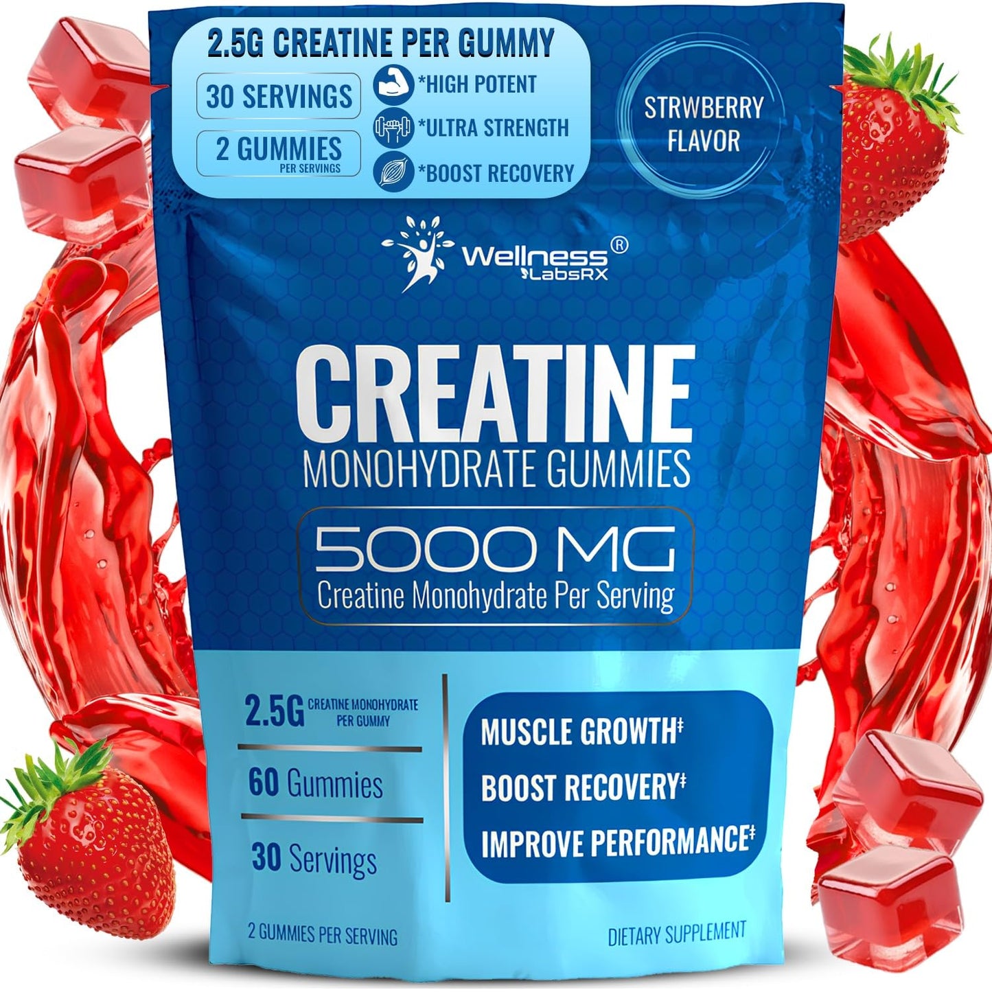 Creatine Gummies 5000mg – 30 Servings Strawberry Monohydrate