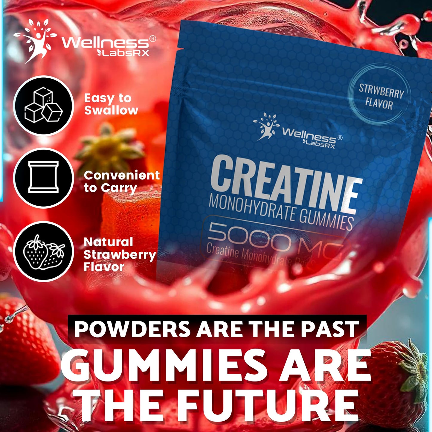 Creatine Gummies 5000mg – 30 Servings Strawberry Monohydrate