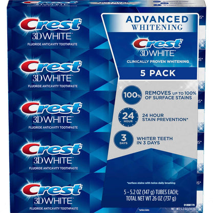 Crest 3D White Advanced Whitening Toothpaste – 5.2 oz (Pack of 5)