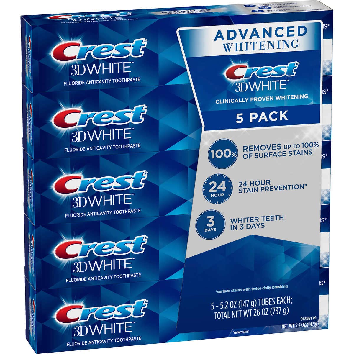 Crest 3D White Advanced Whitening Toothpaste – 5.2 oz (Pack of 5)