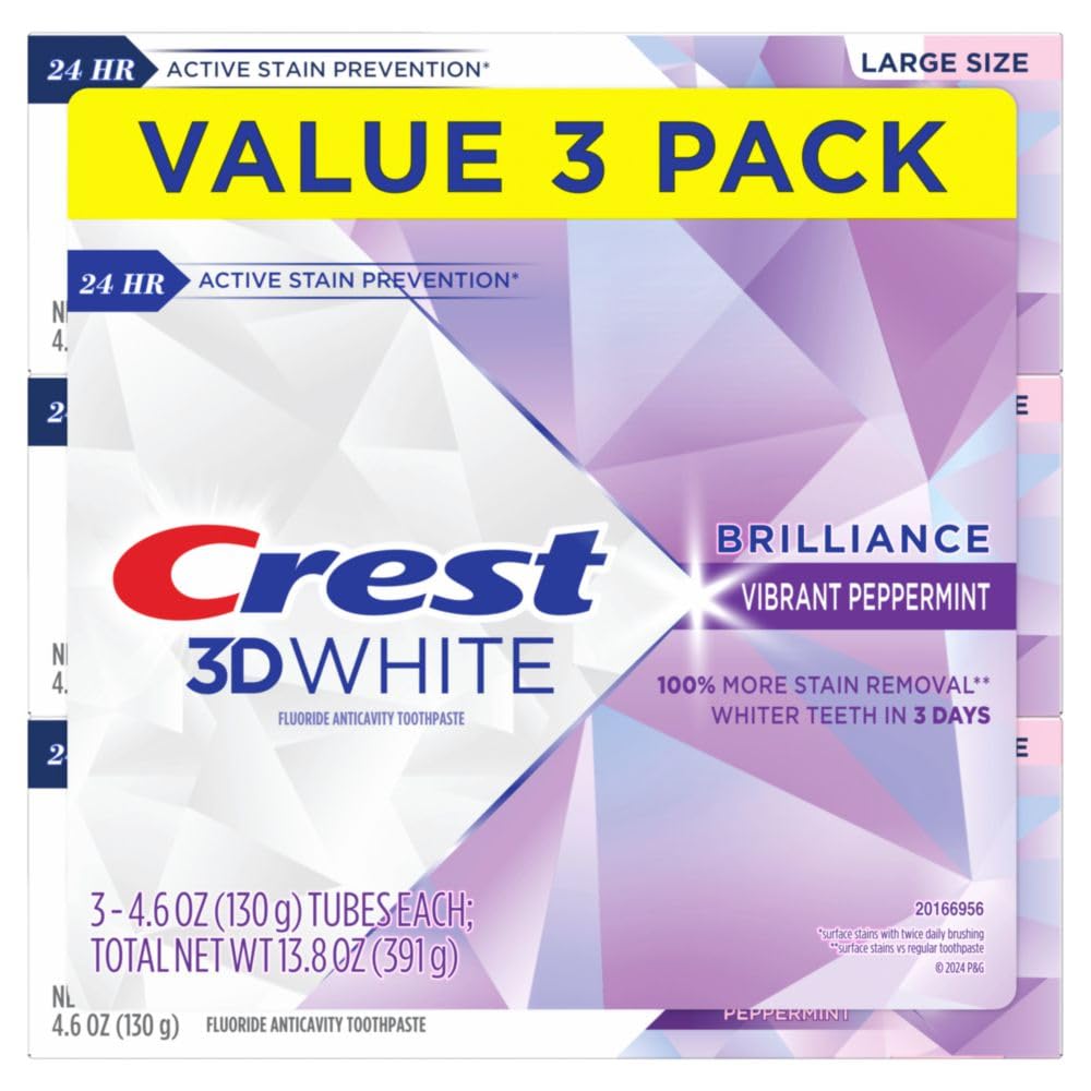 Crest 3D White Brilliance Vibrant Peppermint Toothpaste – 4.6 oz (Pack of 3) | Stain Removal & 24h Protection