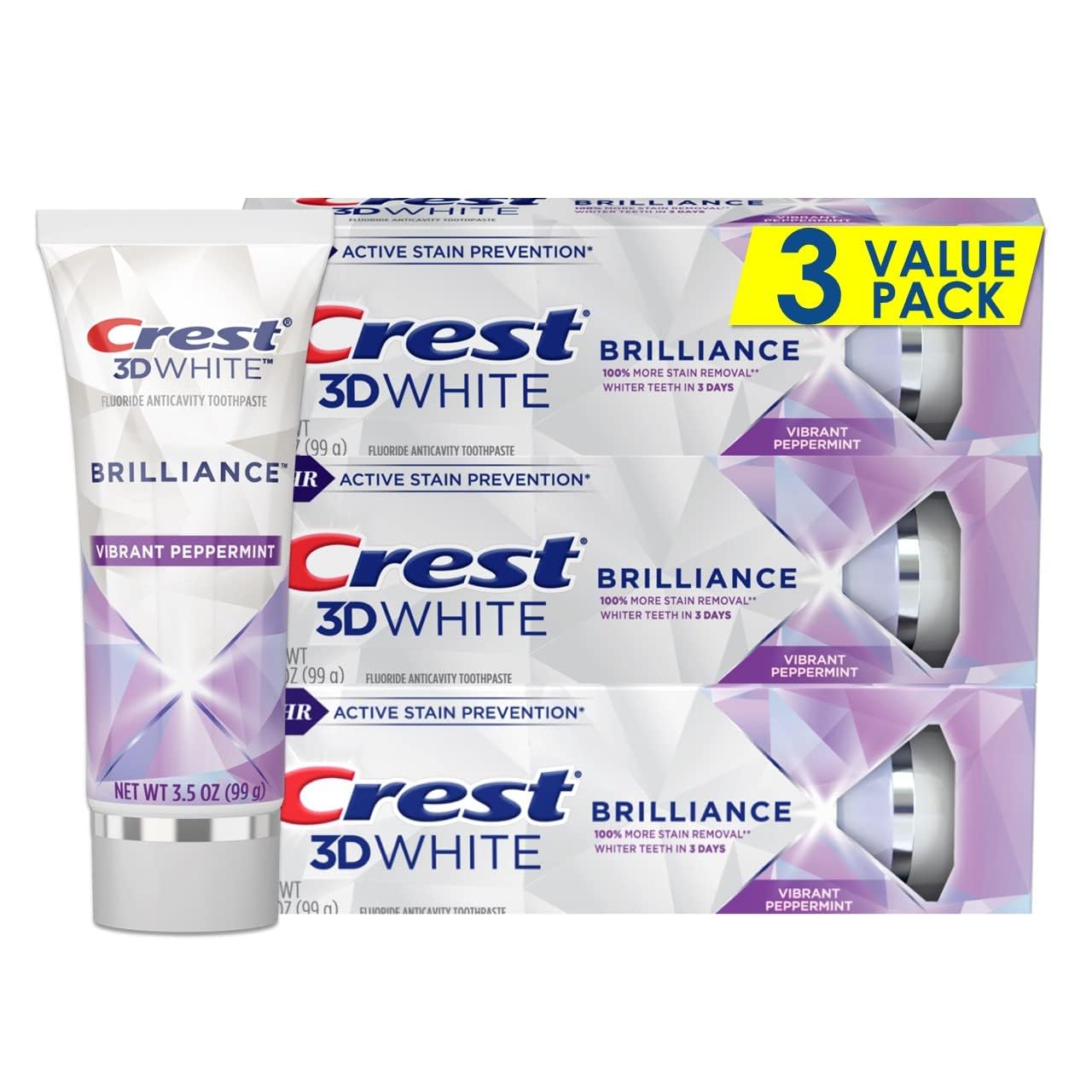 Crest 3D White Brilliance Toothpaste – Vibrant Peppermint – 3.5 oz (Pack of 3)