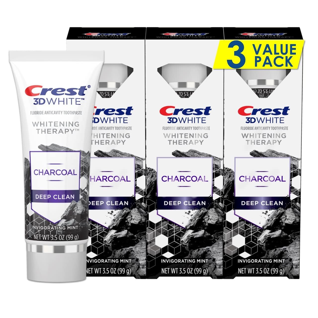 Crest 3D White Whitening Therapy Charcoal Deep Clean Toothpaste – Mint, 3.5 oz, Pack of 3