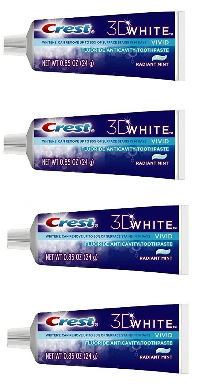 Crest 3D White Radiant Mint Fluoride Anticavity Toothpaste – 0.85 oz Travel Size (Pack of 4)