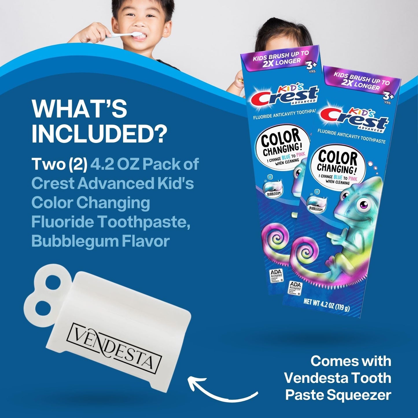 Crest Kids Color Changing Toothpaste Bundle — 2-Pack Bubblegum + VenDesta Squeezer