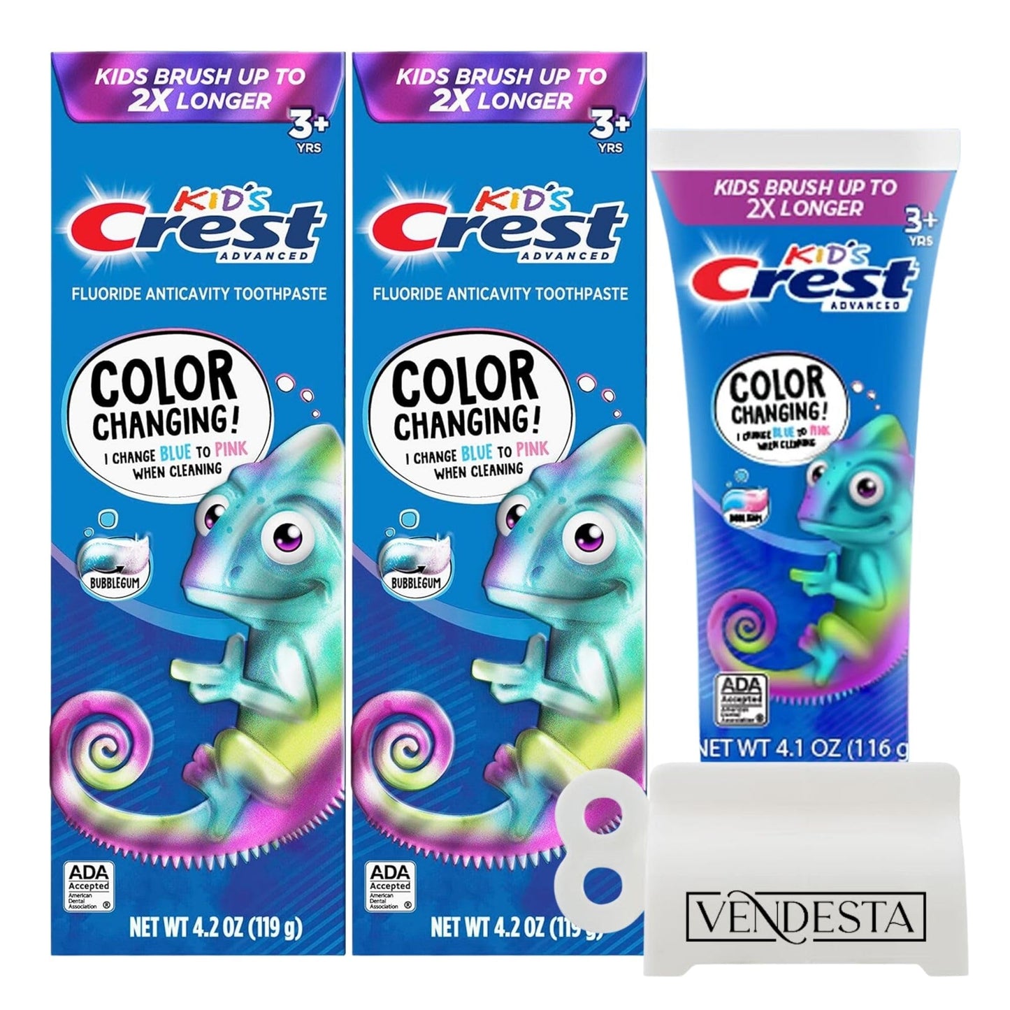 Crest Kids Color Changing Toothpaste Bundle — 2-Pack Bubblegum + VenDesta Squeezer