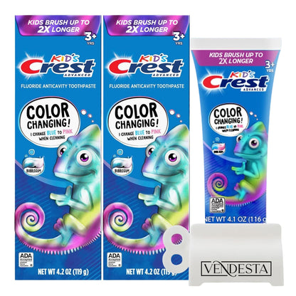 Crest Kids Color Changing Toothpaste Bundle — 2-Pack Bubblegum + VenDesta Squeezer