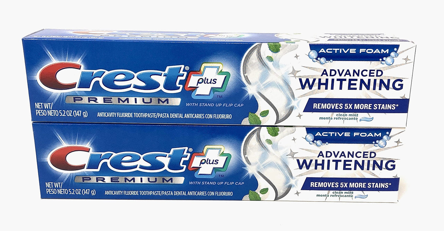 Crest Premium Plus Advanced Whitening Toothpaste with Fluoride – Clean Mint, 5.2 oz (Pack of 2)