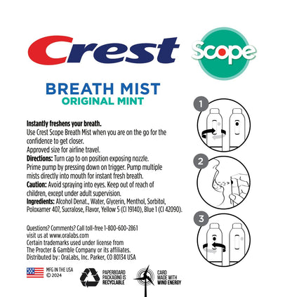 Crest Scope Mint Breath Mist 4-Pack – 0.24 oz (7 mL) Each – Made in FDA-Audited USA Facility