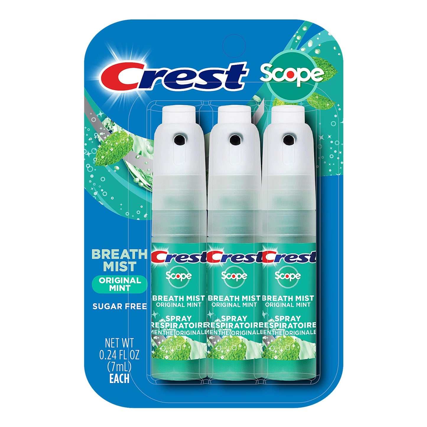 Crest Scope Breath Mist 3-Pack – Mint, 0.24 oz (7 mL) per spray, 0.72 oz total | Travel Friendly
