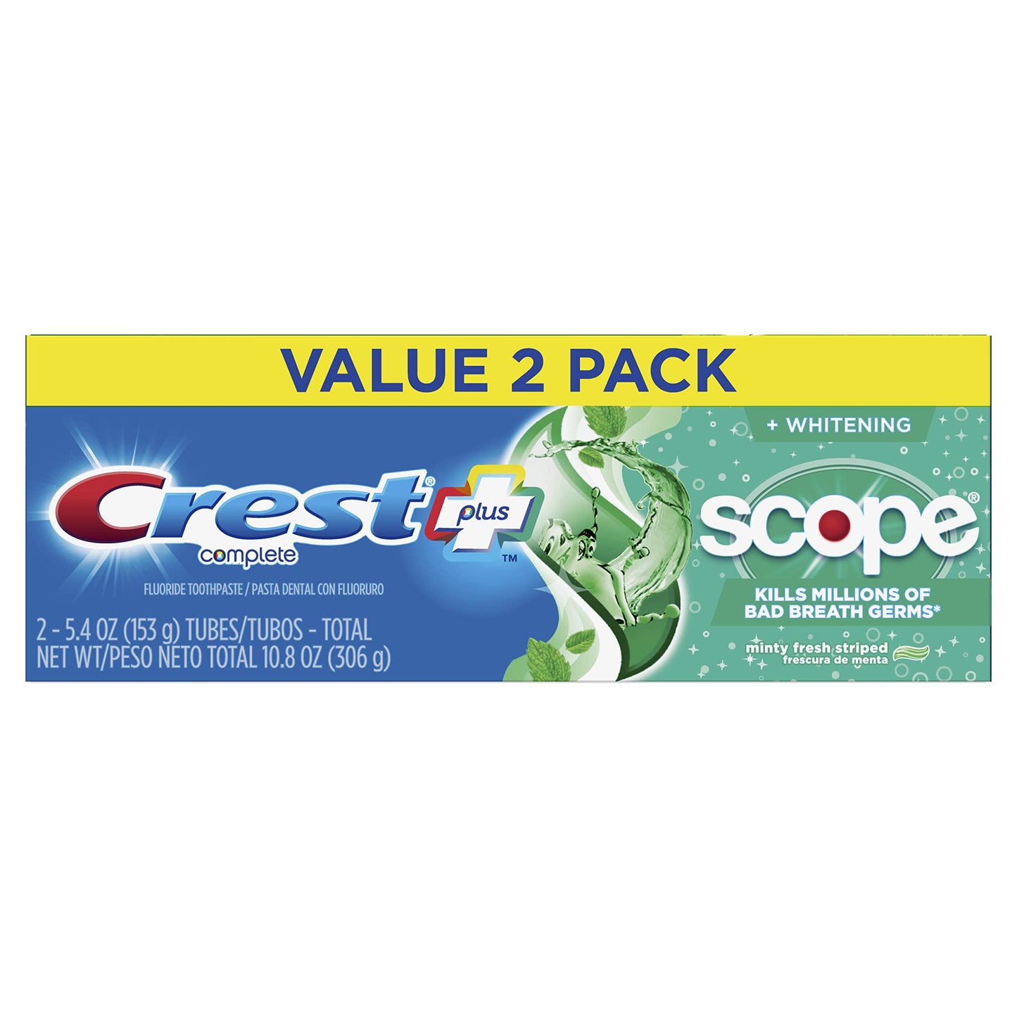 Crest + Scope Complete Whitening Toothpaste, Minty Fresh – 2-Pack 5.4 oz